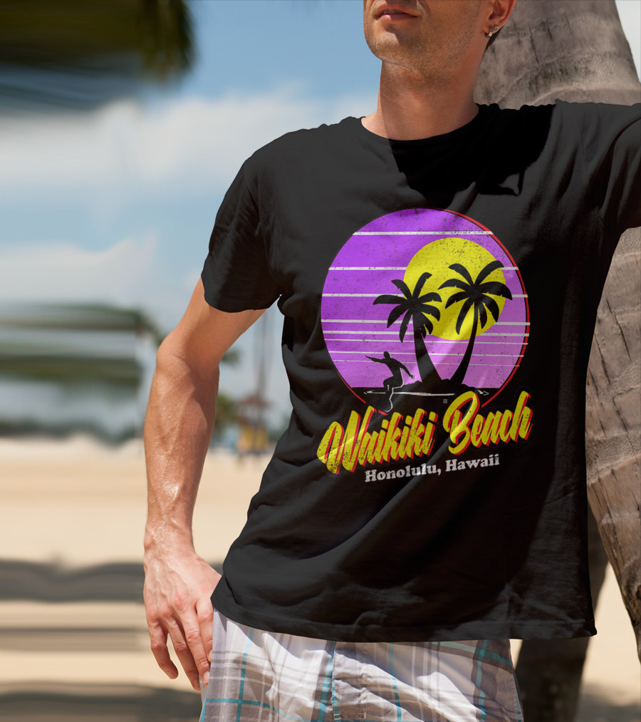 Waikiki Beach Honolulu Hawaii Retro Surfer Vintage 80's Sunset Palms T-Shirt
