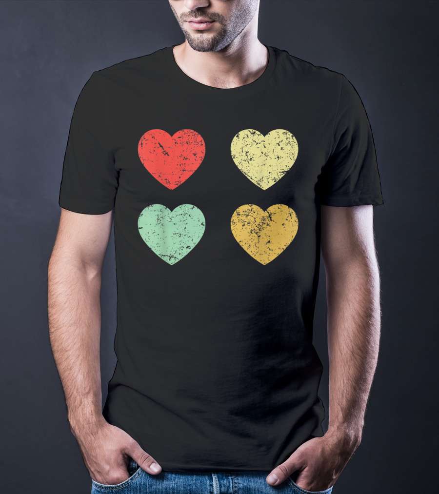 Retro Vintage Hearts Valentines Day Four Colorful Grunge Hearts T-Shirt