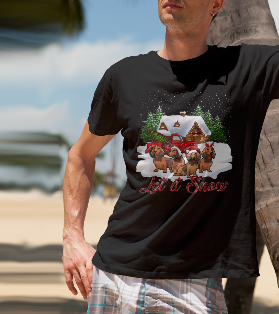 Santa Dachshund Let It Snow With Snowy Cabin And Red Truck T-Shirt