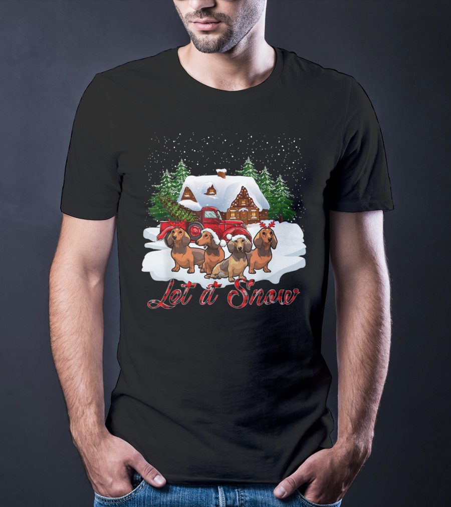 Santa Dachshund Let It Snow With Snowy Cabin And Red Truck T-Shirt