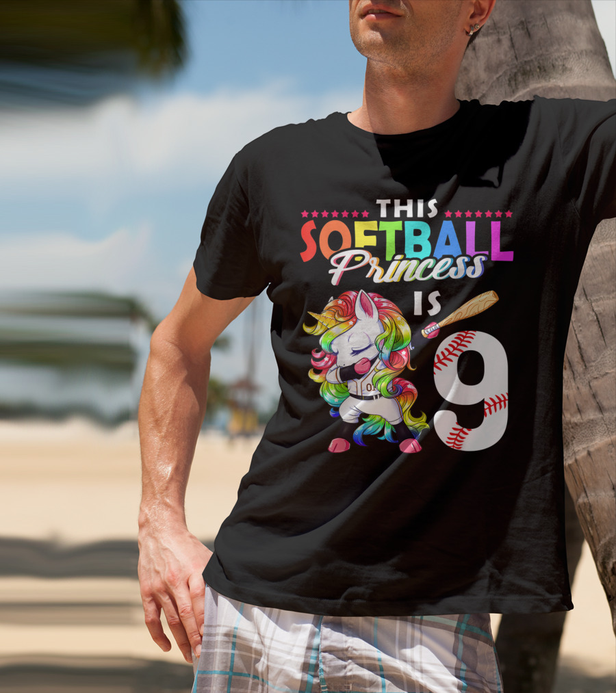This Softball Princess Is 9 Unicorn Birthday Rainbow Bat T-Shirt