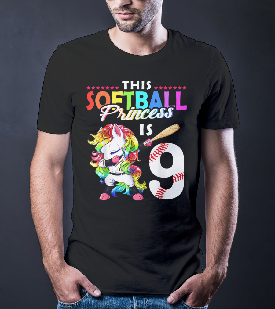 This Softball Princess Is 9 Unicorn Birthday Rainbow Bat T-Shirt