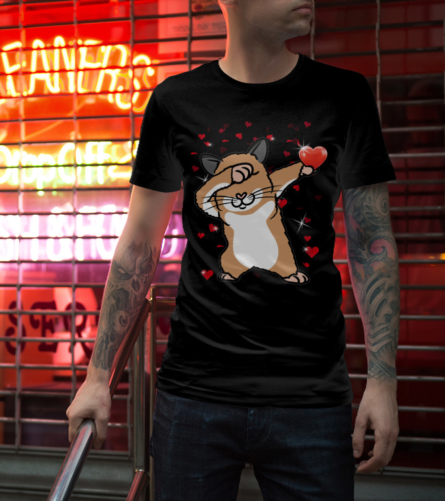 Valentine Girls Cute Dabbing Hamster With Heart And Sparkling Red Hearts T-Shirt