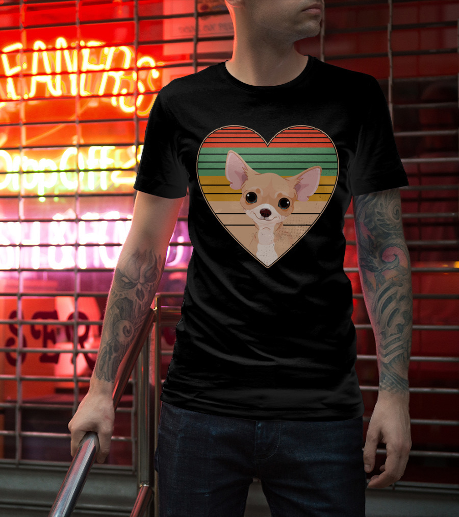 Vintage Chihuahua Heart Striped Retro Heart-Shaped T-Shirt