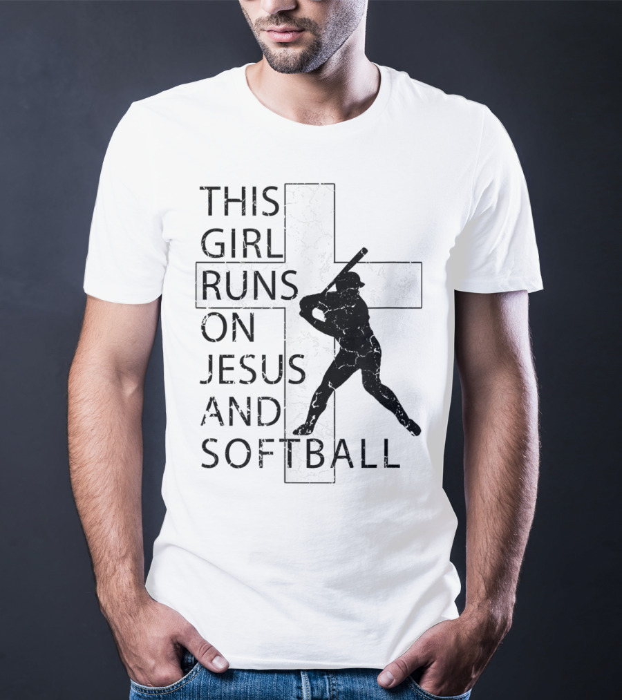 This Girl Runs On Jesus And Softball Silhouette With Cross T-Shirt