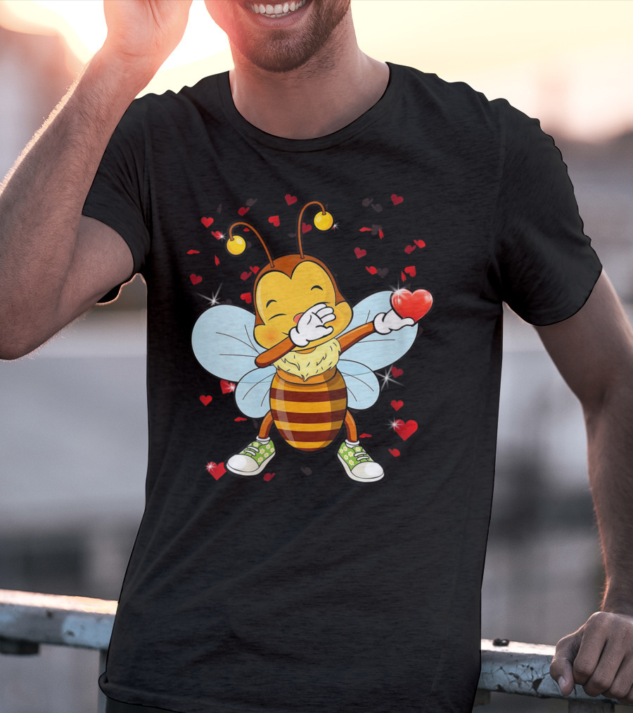Valentine Bee Dabbing Holding Heart Surrounded By Hearts And Stars T-Shirt
