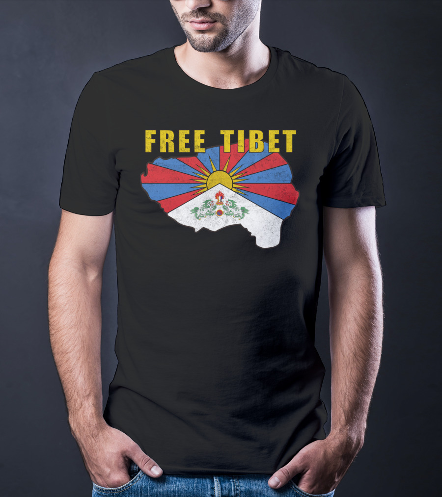 Free Tibet Flag With Sunrise Symbol Map T-Shirt