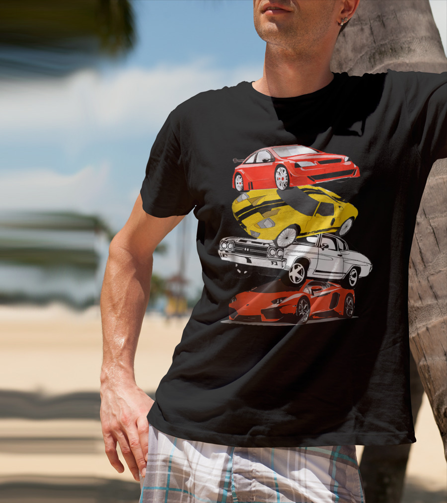 Funny Classic Cars Stacked Red Yellow Black White Racing Cars T-Shirt