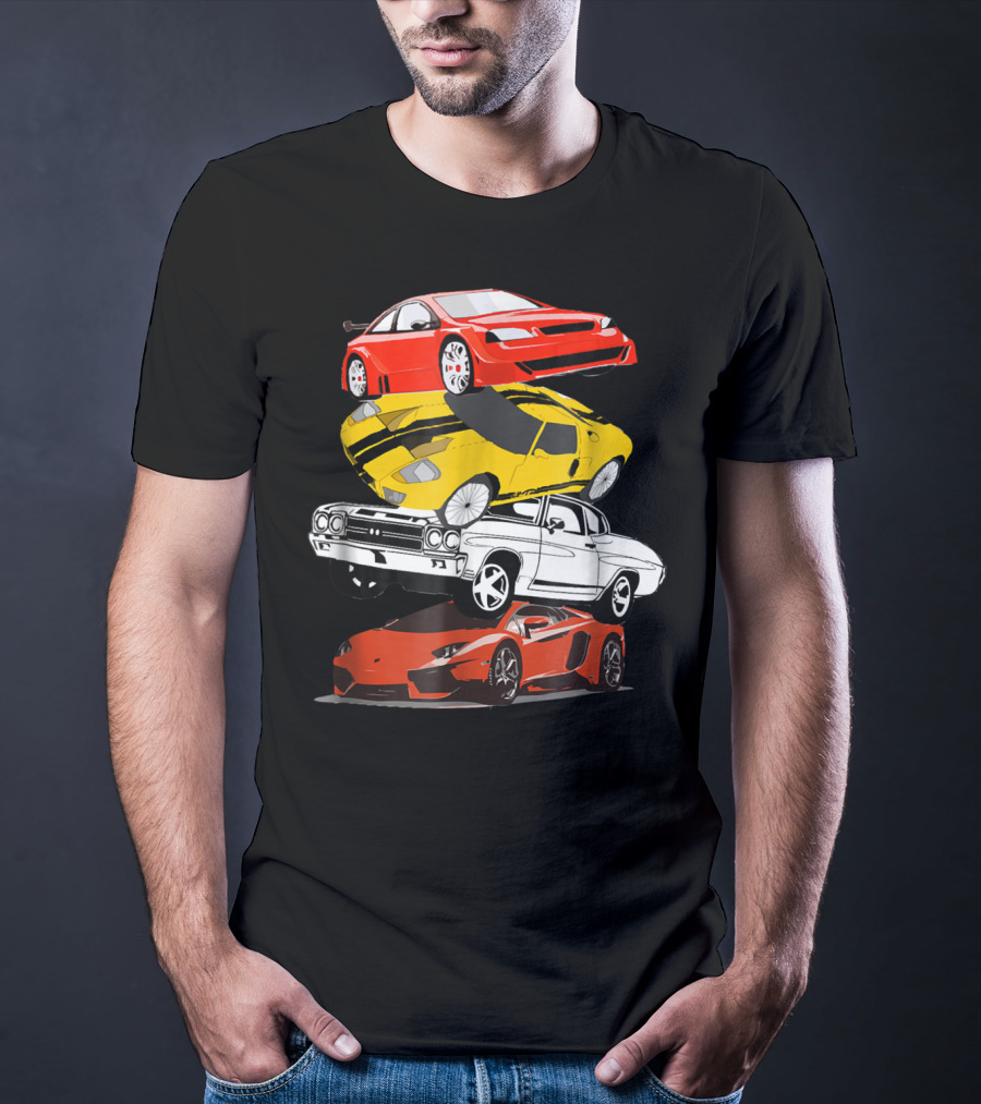Funny Classic Cars Stacked Red Yellow Black White Racing Cars T-Shirt