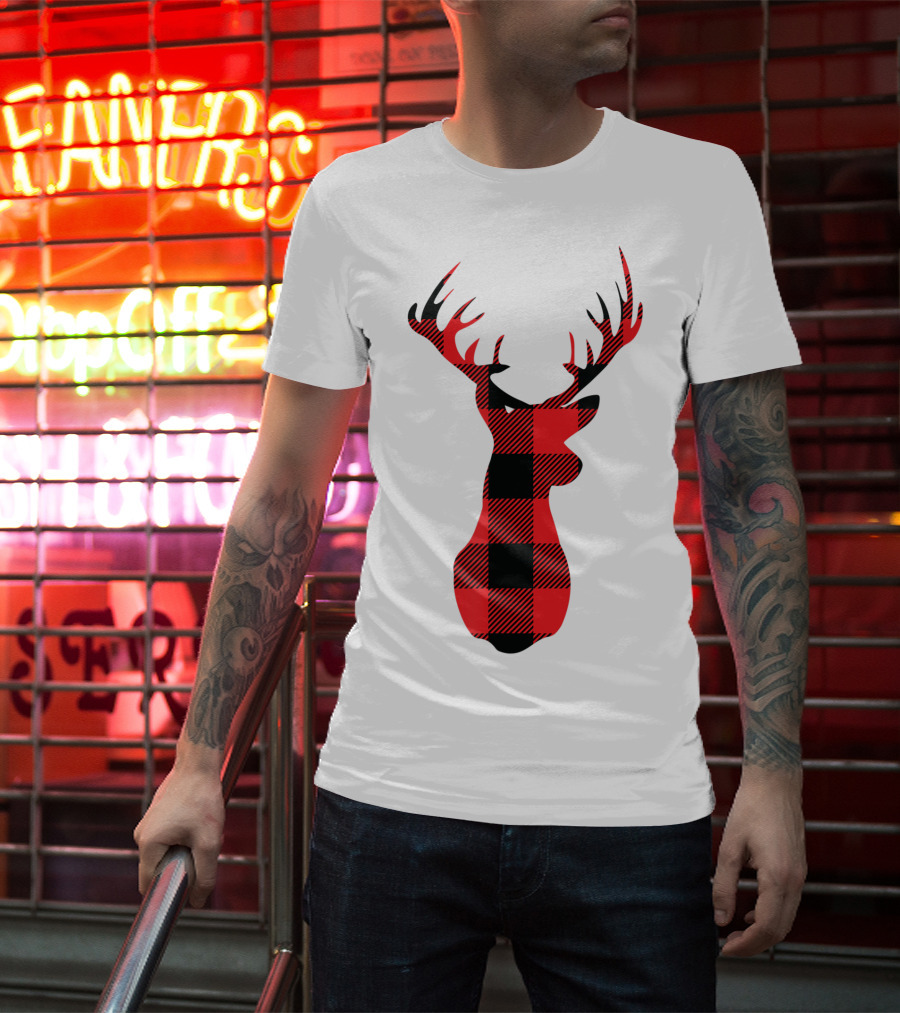 Buffalo Plaid Red Black Christmas Deer T-Shirt