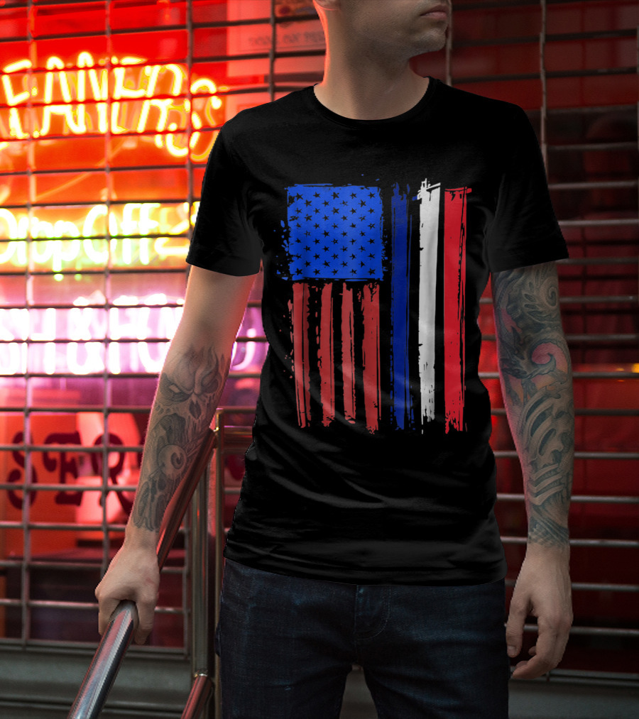 Half French American Flag Classic Patriot Stars And Stripes Paint T-Shirt