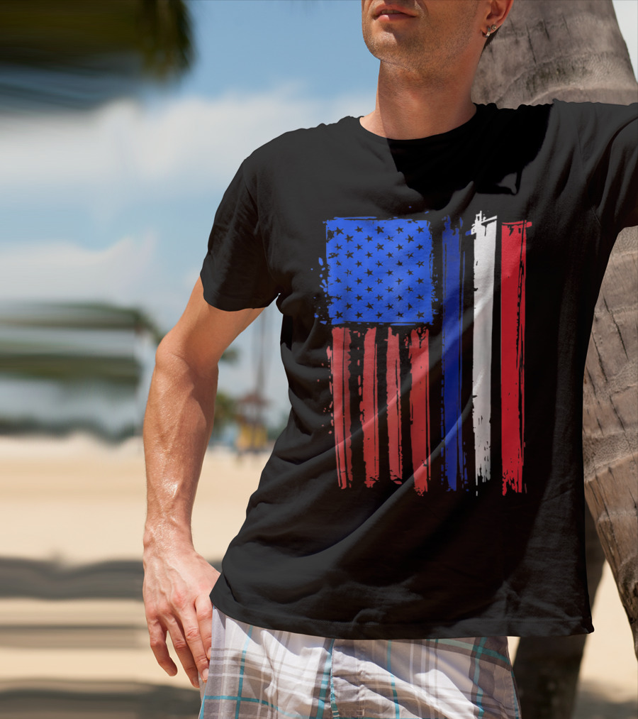 Half French American Flag Classic Patriot Stars And Stripes Paint T-Shirt