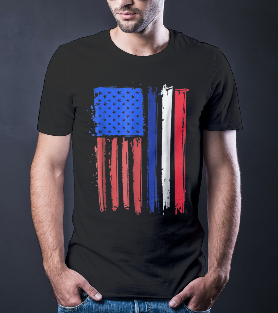 Half French American Flag Classic Patriot Stars And Stripes Paint T-Shirt