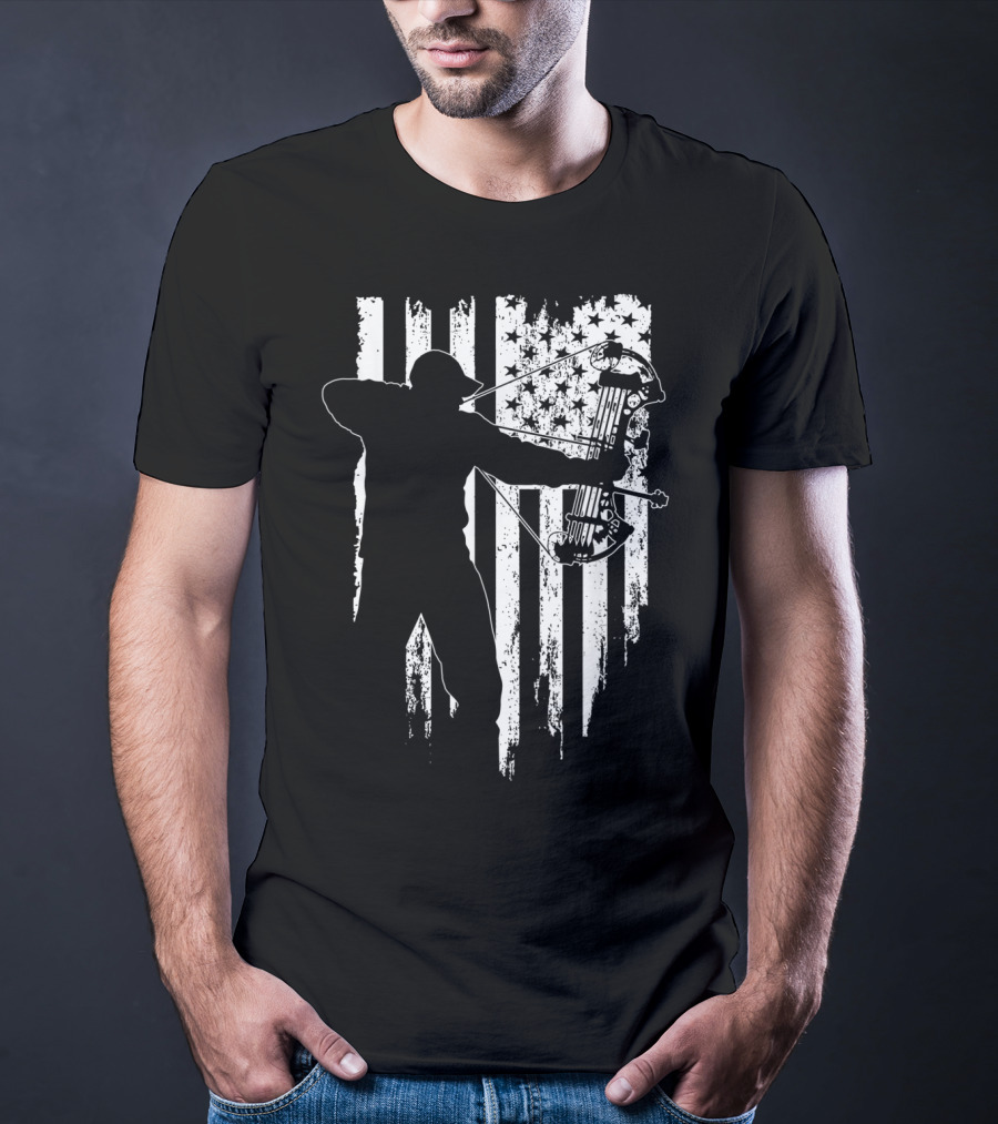 American Patriotic Archer Silhouette With Compound Bow And Flag T-Shirt