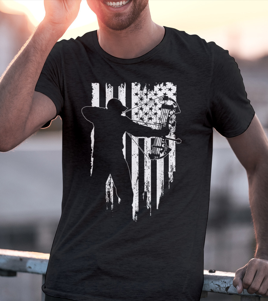 American Patriotic Archer Silhouette With Compound Bow And Flag T-Shirt