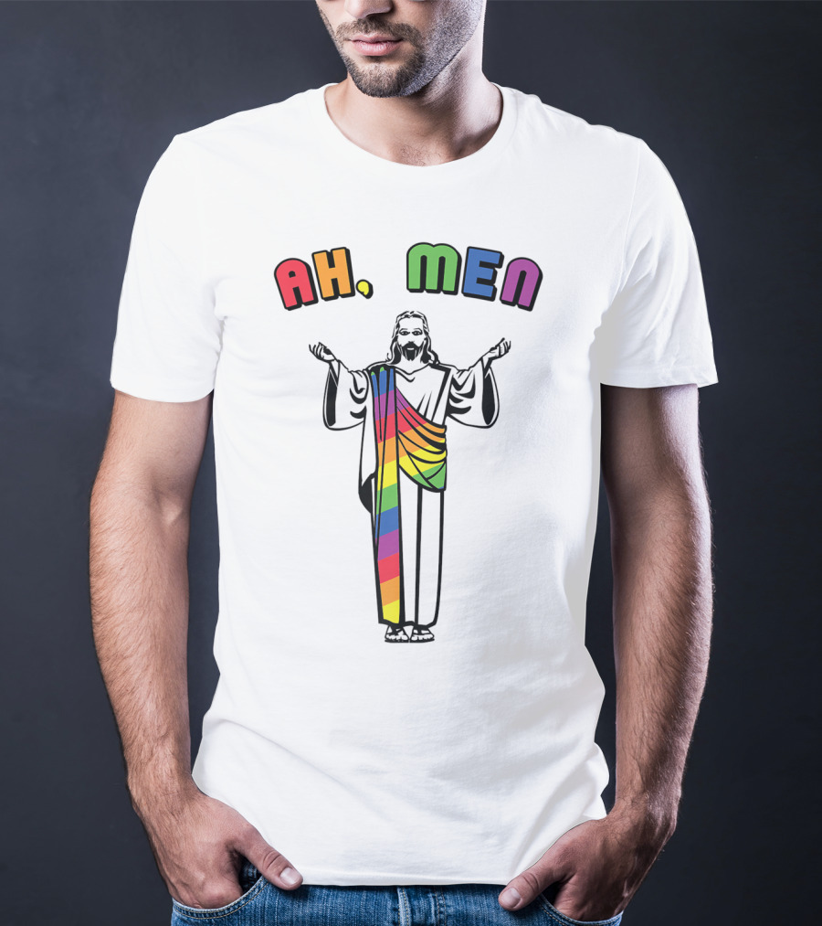 Ah Men Funny Gay Jesus Rainbow Pride T-Shirt