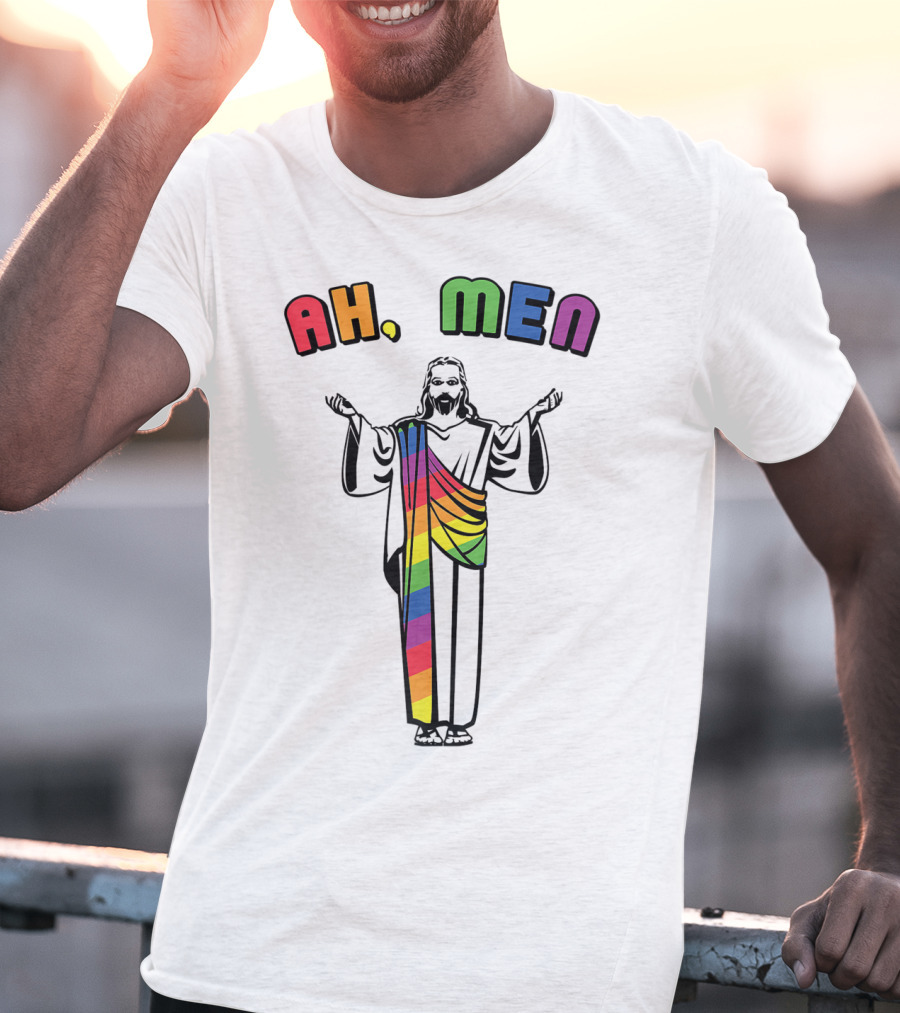 Ah Men Funny Gay Jesus Rainbow Pride T-Shirt