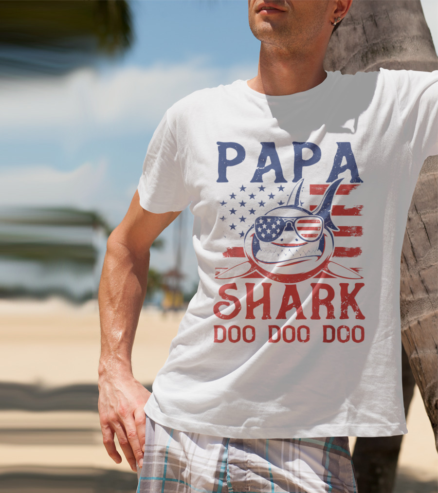 Papa Shark Doo Doo Doo American Flag Sunglasses T-Shirt
