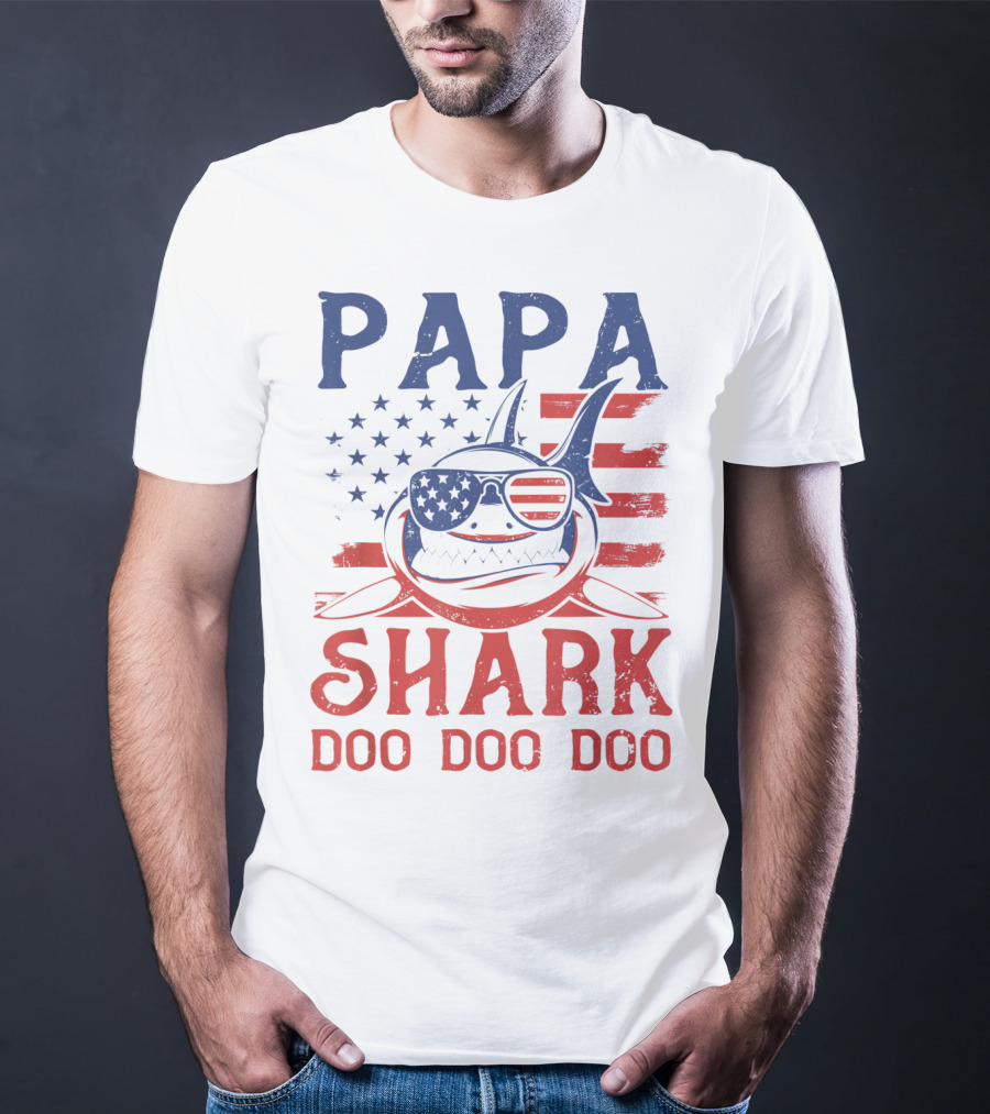 Papa Shark Doo Doo Doo American Flag Sunglasses T-Shirt