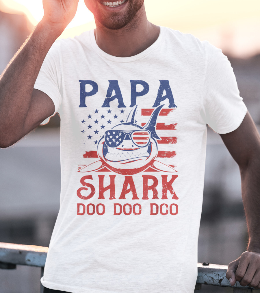 Papa Shark Doo Doo Doo American Flag Sunglasses T-Shirt