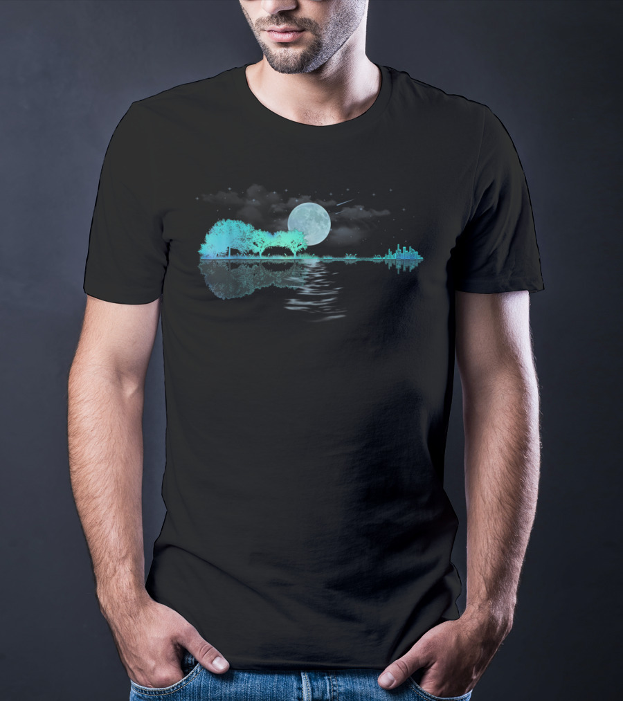 Acoustic Guitar Player Birthday Moonlit Lake Scene T-Shirt