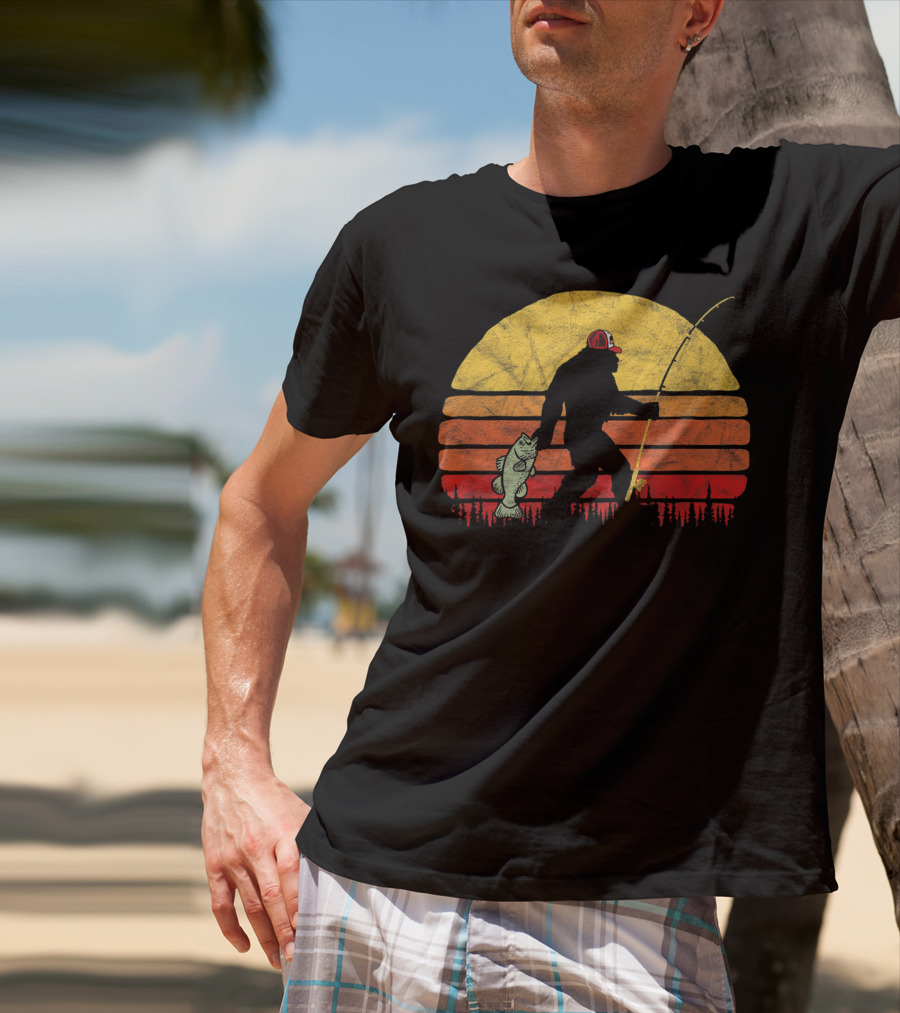 Bigfoot Bass Fishing Legend In Trucker Hat With Sunset T-Shirt