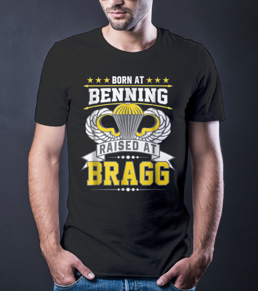 Born At Benning Raised At Bragg Airborne Paratrooper Wings T-Shirt