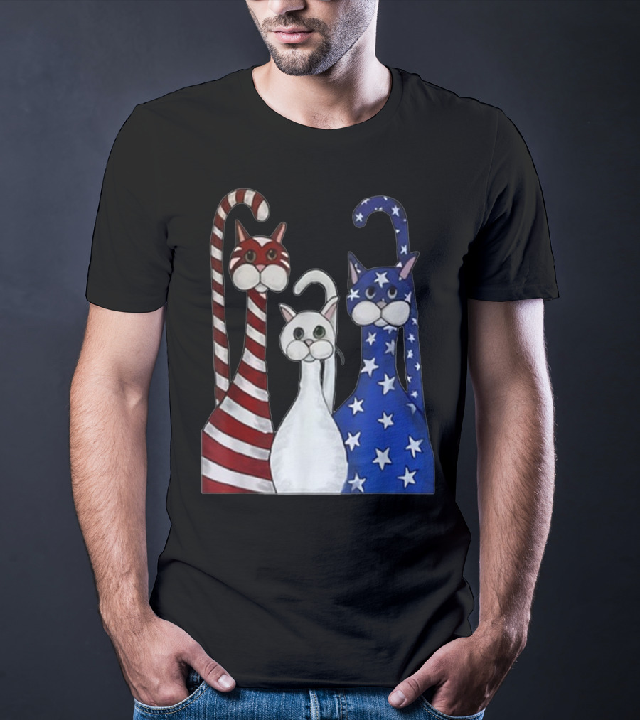 Cat American Flag USA Paws Patriotic Red White Blue Stars Stripes T-Shirt