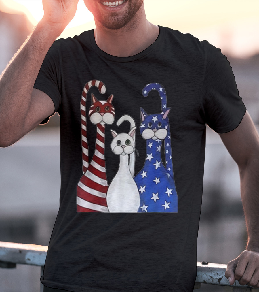 Cat American Flag USA Paws Patriotic Red White Blue Stars Stripes T-Shirt