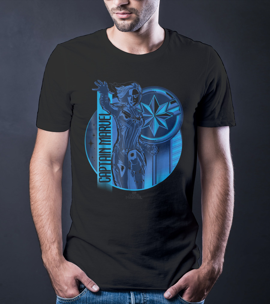 Captain Marvel Reflective Blue Circle Starburst Emblem T-Shirt