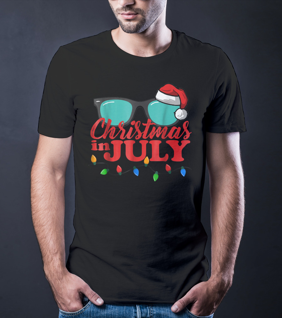 Christmas In July Santa Hat Sunglasses Summer Lights T-Shirt