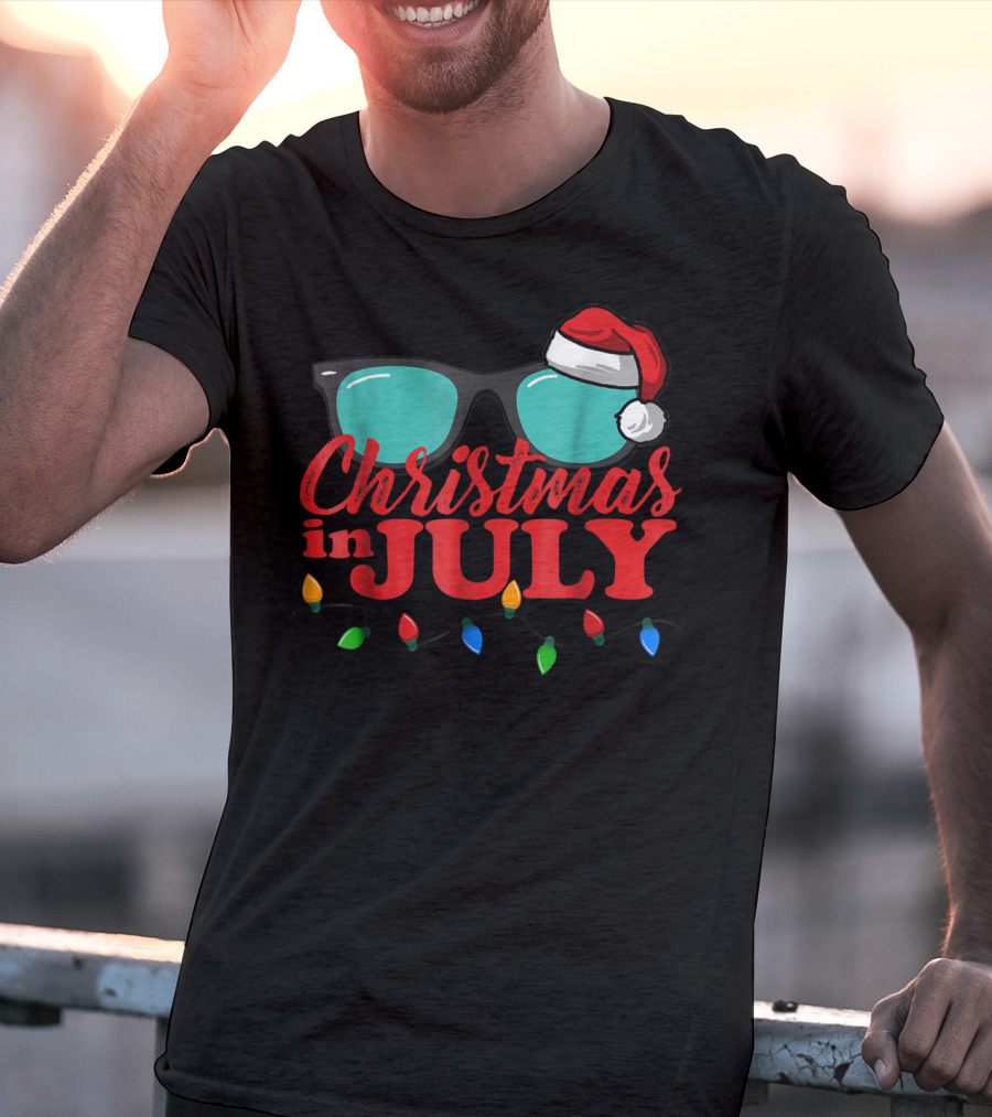 Christmas In July Santa Hat Sunglasses Summer Lights T-Shirt