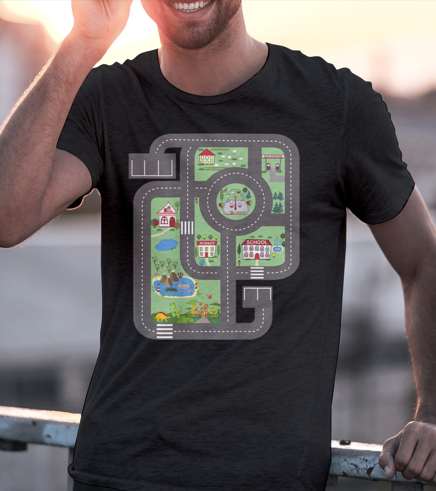Cool Play Mat Race Car Track On Dad With Dinosaurs School Farm Playground T-Shirt
