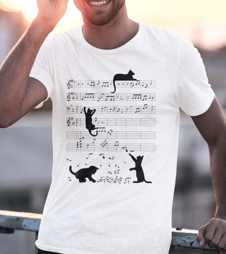 Cute Cat Kitty Climbing And Sitting With Music Notes And Clef T-Shirt