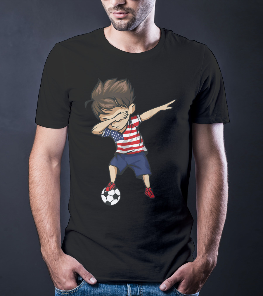 Dabbing Soccer Boy In American Flag Jersey With Soccer Ball T-Shirt