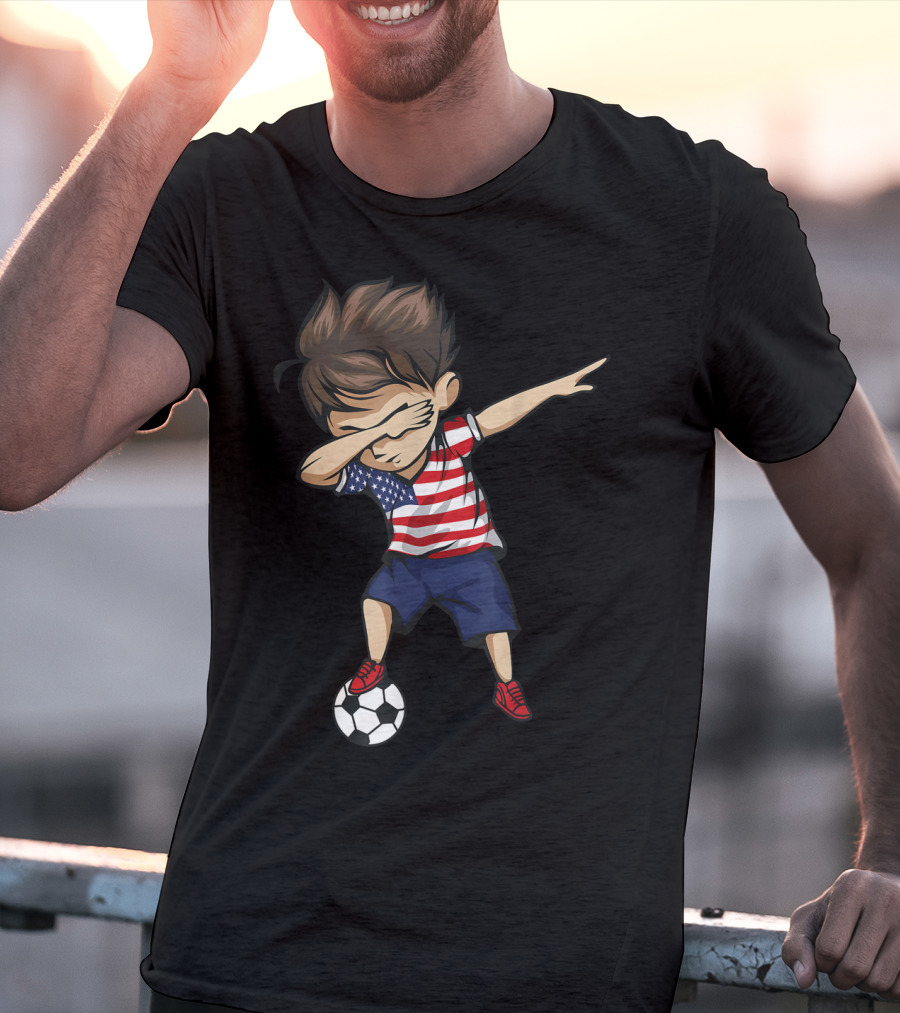 Dabbing Soccer Boy In American Flag Jersey With Soccer Ball T-Shirt