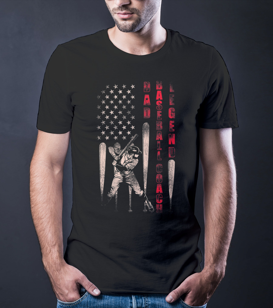 Dad Baseball Coach Legend American Flag Patriotic Batter T-Shirt