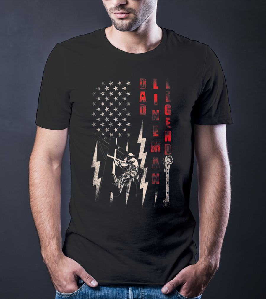 Dad Lineman Legend American Flag Lightning Bolt Wrench T-Shirt