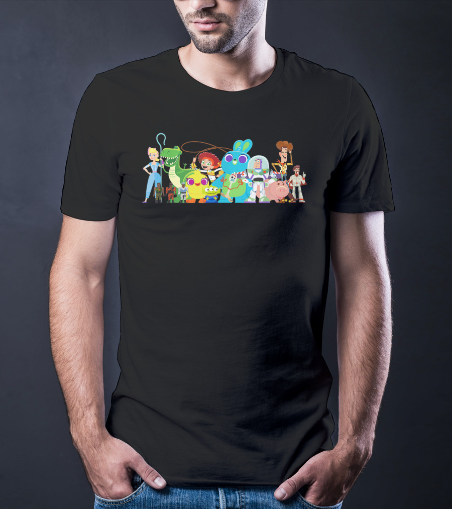 Disney Pixar Toy Story 4 Buzz Woody Bo Peep Buzz Lightyear Rex Jessie Hamm Ducky Bunny Forky Group Character T-Shirt