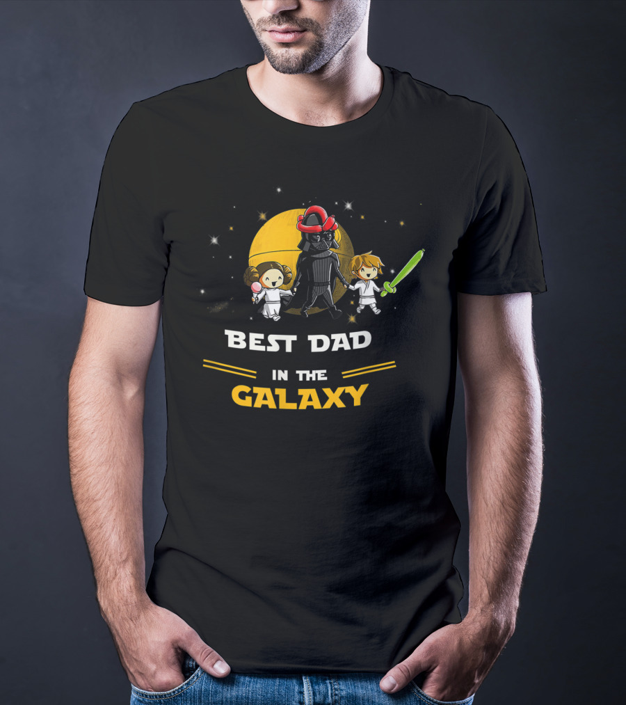 Father Daughter And Son Best Dad In The Galaxy Star Wars Parody With Dark Helmet And Green Lightsaber T-Shirt