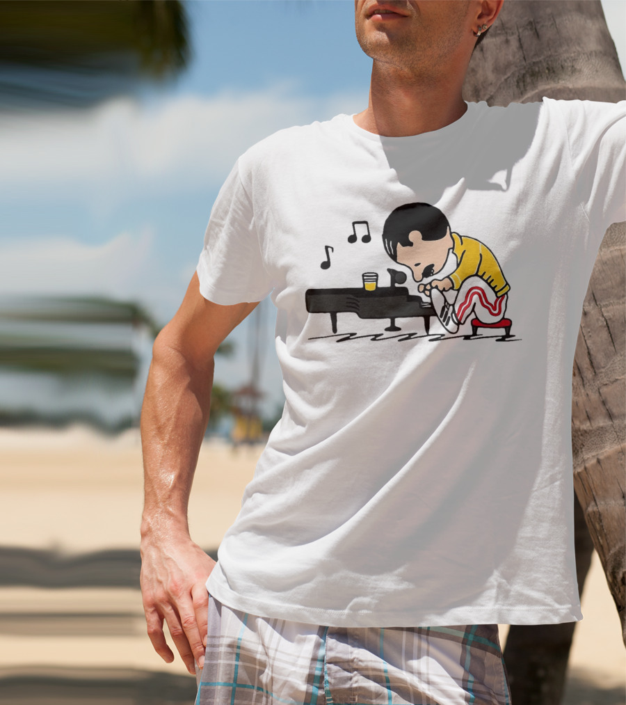 Freddie Peanuts Character Playing Piano With Yellow Jacket And Red Striped Pants T-Shirt