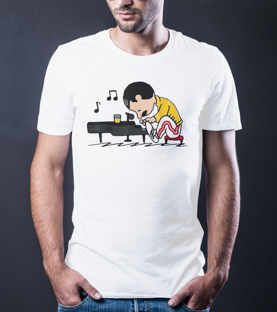 Freddie Peanuts Character Playing Piano With Yellow Jacket And Red Striped Pants T-Shirt