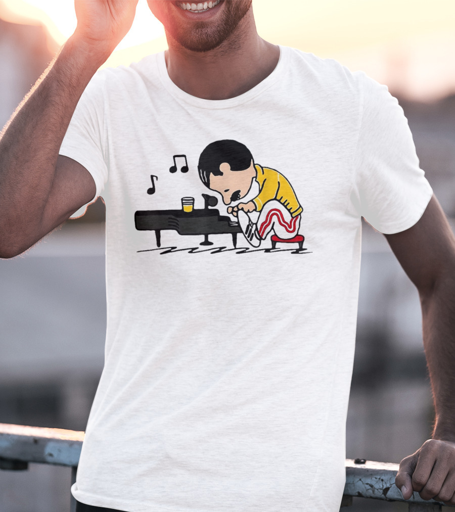 Freddie Peanuts Character Playing Piano With Yellow Jacket And Red Striped Pants T-Shirt