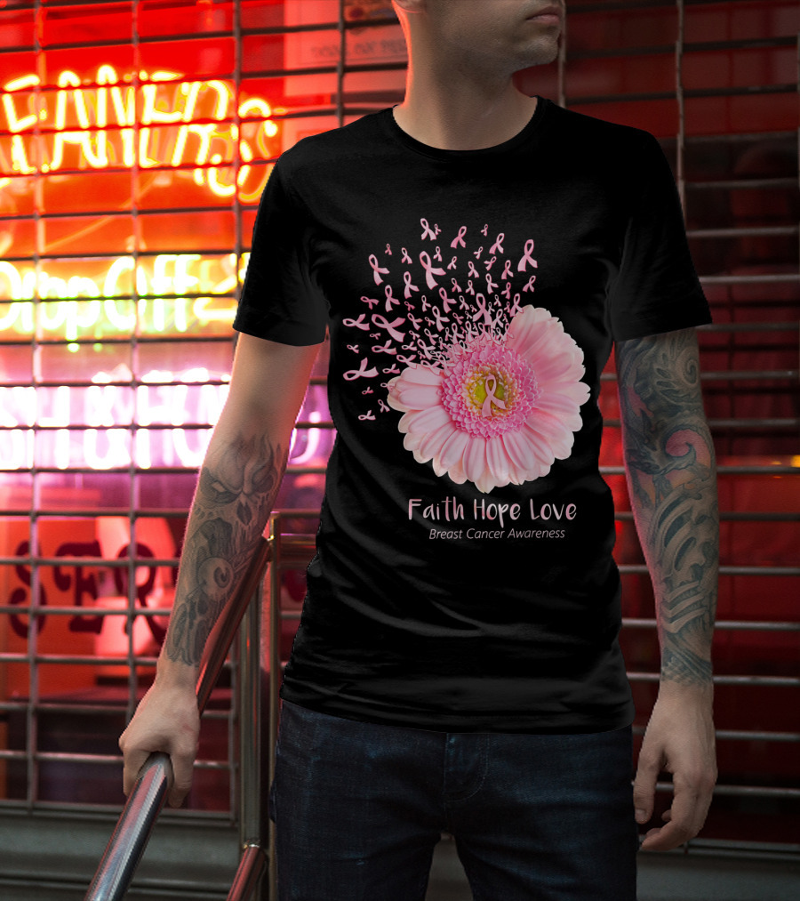 Faith Hope Love Breast Cancer Awareness Pink Ribbon Flower Explosion T-Shirt