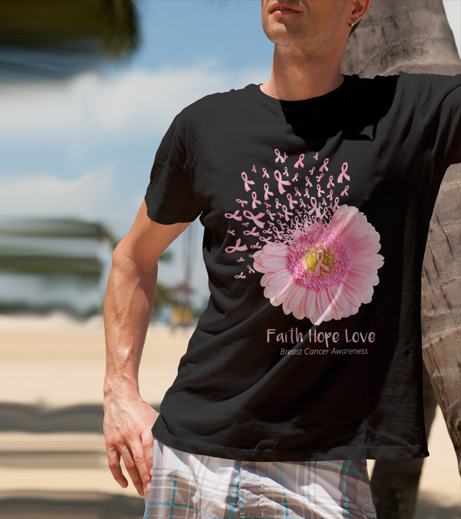 Faith Hope Love Breast Cancer Awareness Pink Ribbon Flower Explosion T-Shirt