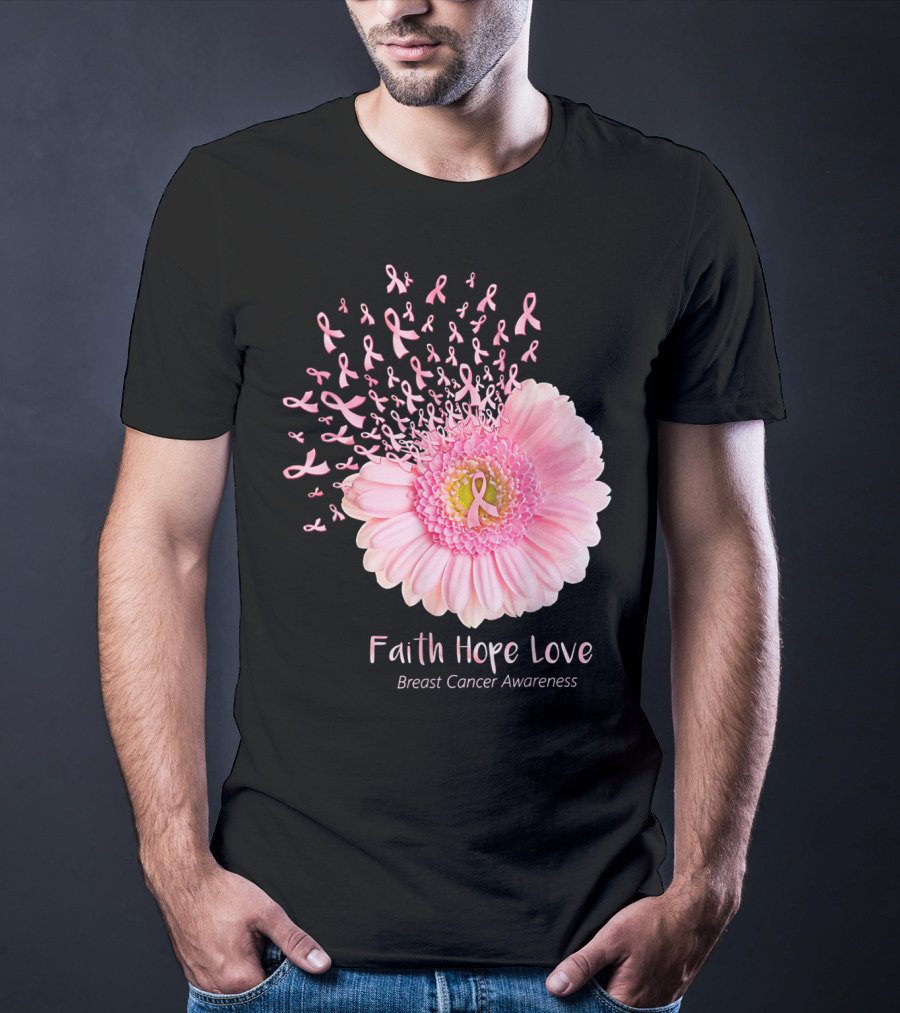 Faith Hope Love Breast Cancer Awareness Pink Ribbon Flower Explosion T-Shirt