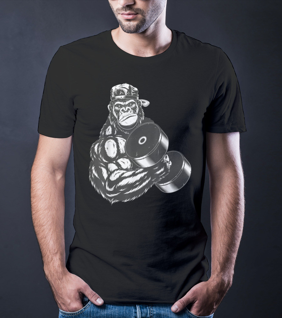 Ferocious Gorilla Bodybuilder Lifting Large Dumbbell In Cap T-Shirt