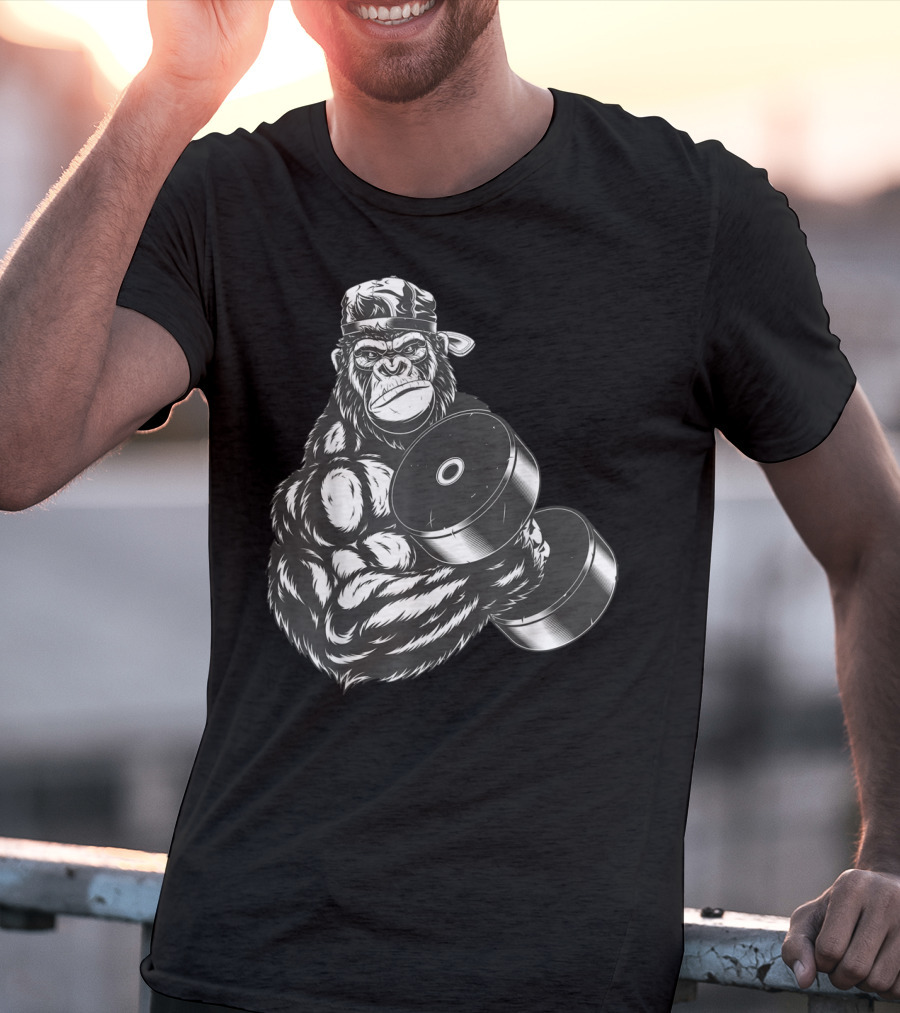 Ferocious Gorilla Bodybuilder Lifting Large Dumbbell In Cap T-Shirt