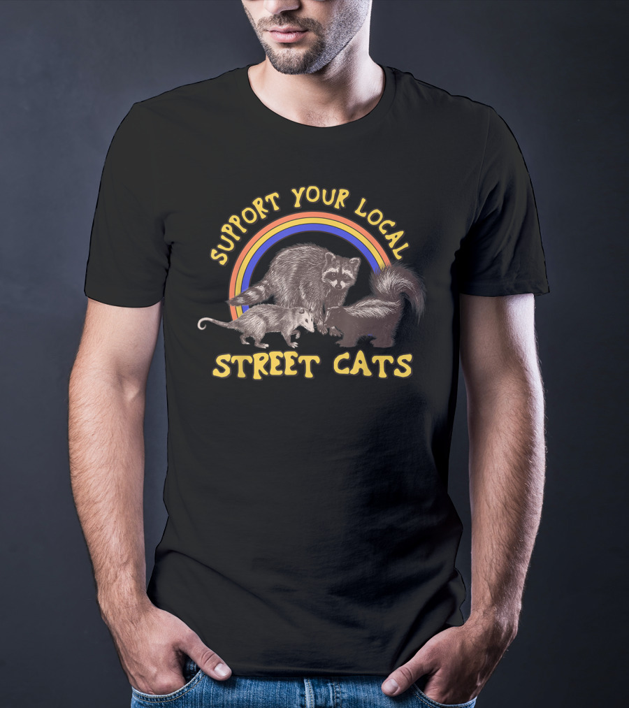 Support Your Local Street Cats Funny Raccoon Rainbow Trio T-Shirt