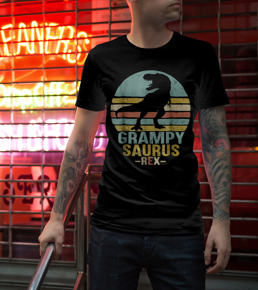 Grampysaurus Rex Funny Dinosaur Retro Sunset Stripes Grampy Sau T-Shirt